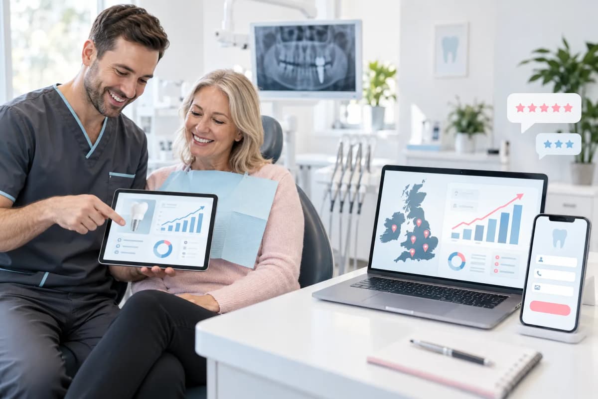 Modern digital marketing dashboard showing dental practice growth and lead generation