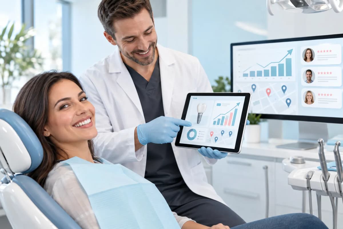 Modern digital marketing graphic showing dental implant practice growth through SEO strategies