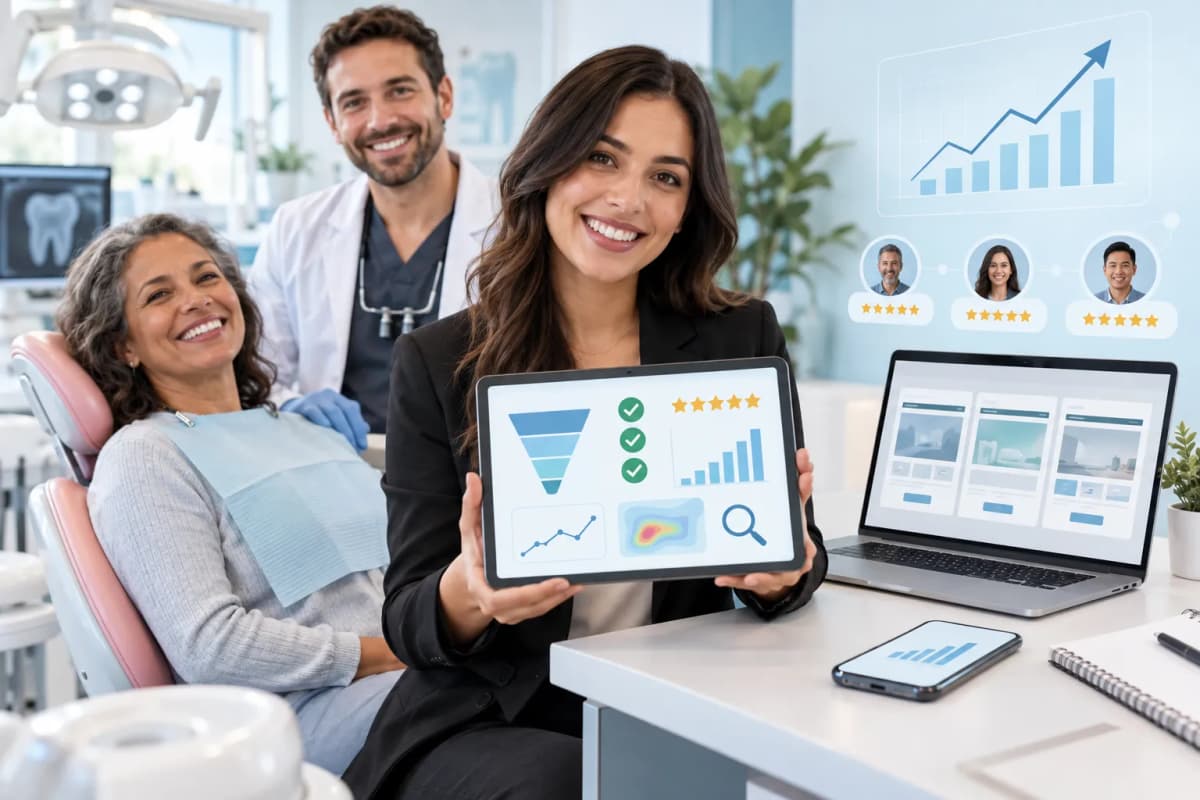Digital marketing icons with dental tools showing growth and lead generation