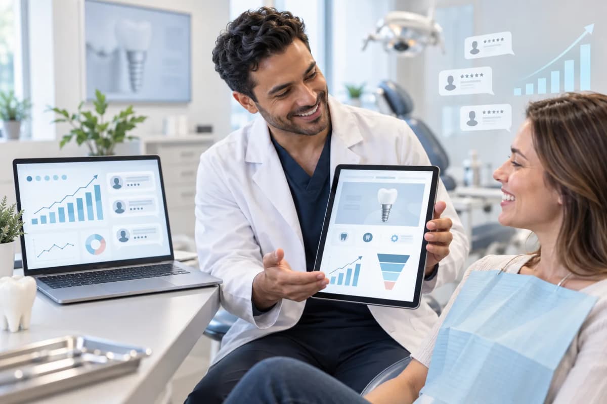 Modern dental implant website displayed on laptop with upward growth chart