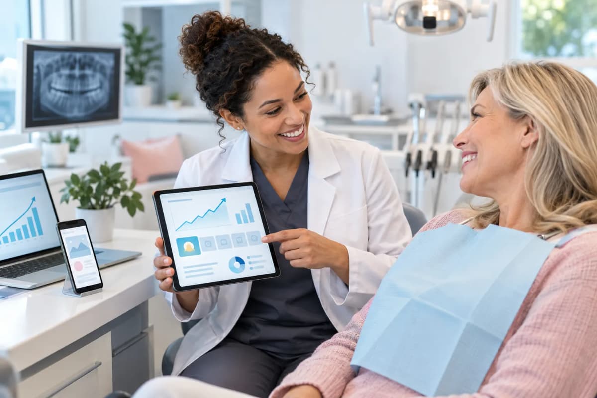 Modern digital marketing dashboard showing dental practice lead growth with technology graphics