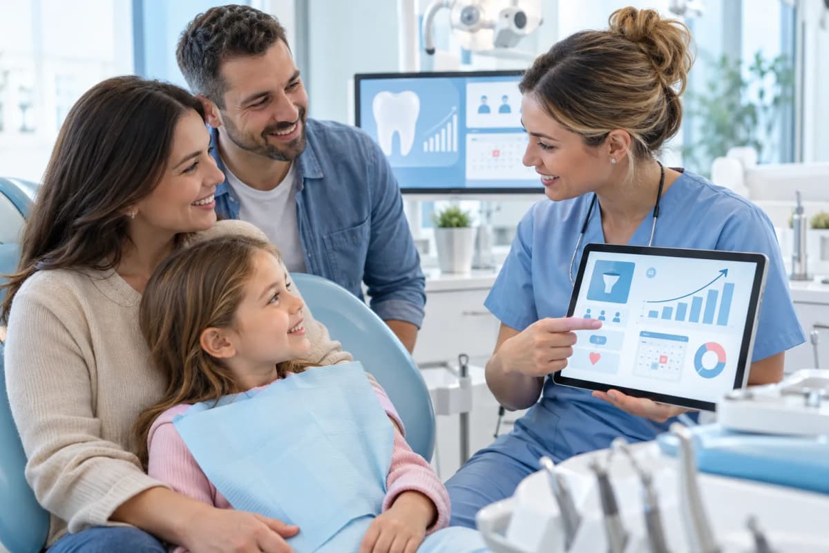 Modern digital dental marketing graphic featuring technology elements and growth charts