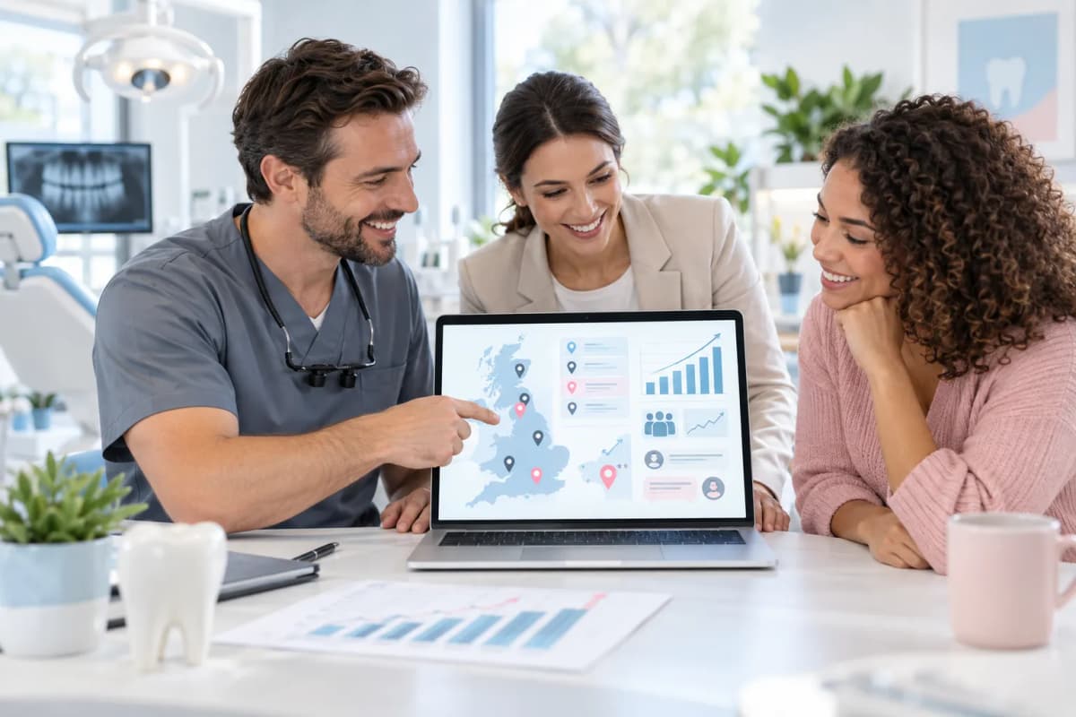 Digital marketing visual showing UK map with dental practice growth icons