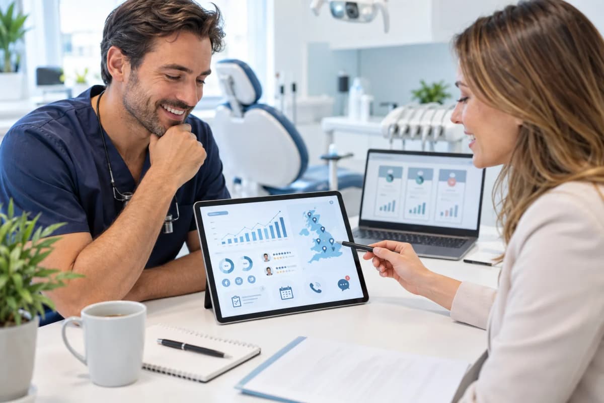 Digital marketing dashboard showing dental practice growth and lead generation metrics