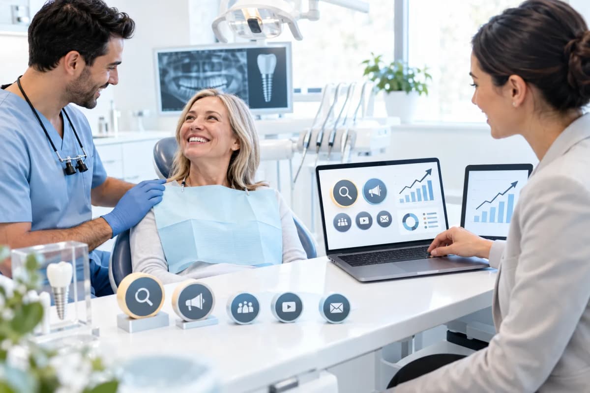 Modern digital marketing visual with tooth icon, growth graph, and technology elements