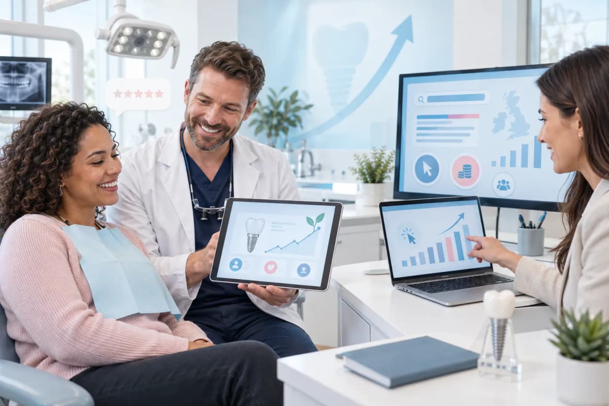 Digital marketing dashboard showing dental implant lead growth strategies