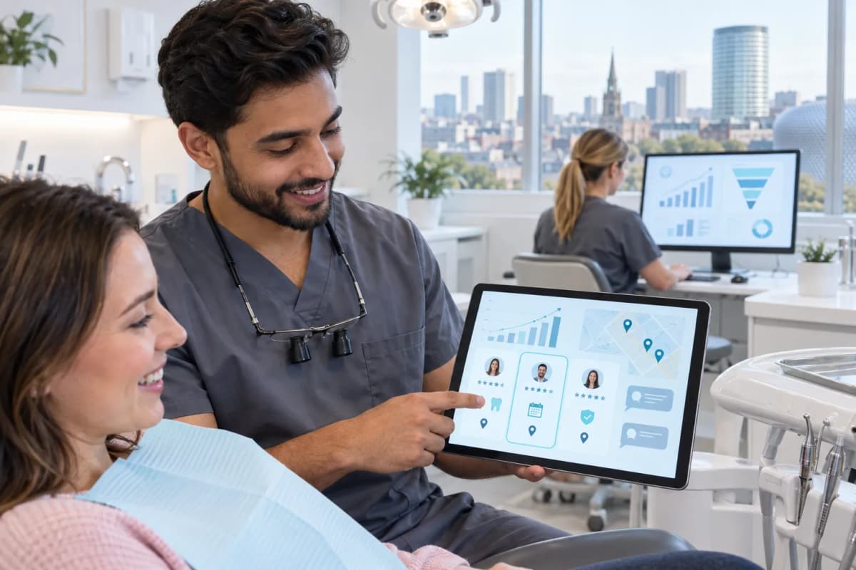 Modern dental marketing graphic showing technology, growth, and cosmetic dentistry clinic review elements