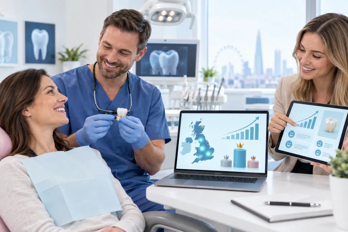 Modern digital marketing graphic showing top UK dental crown providers ranked by region