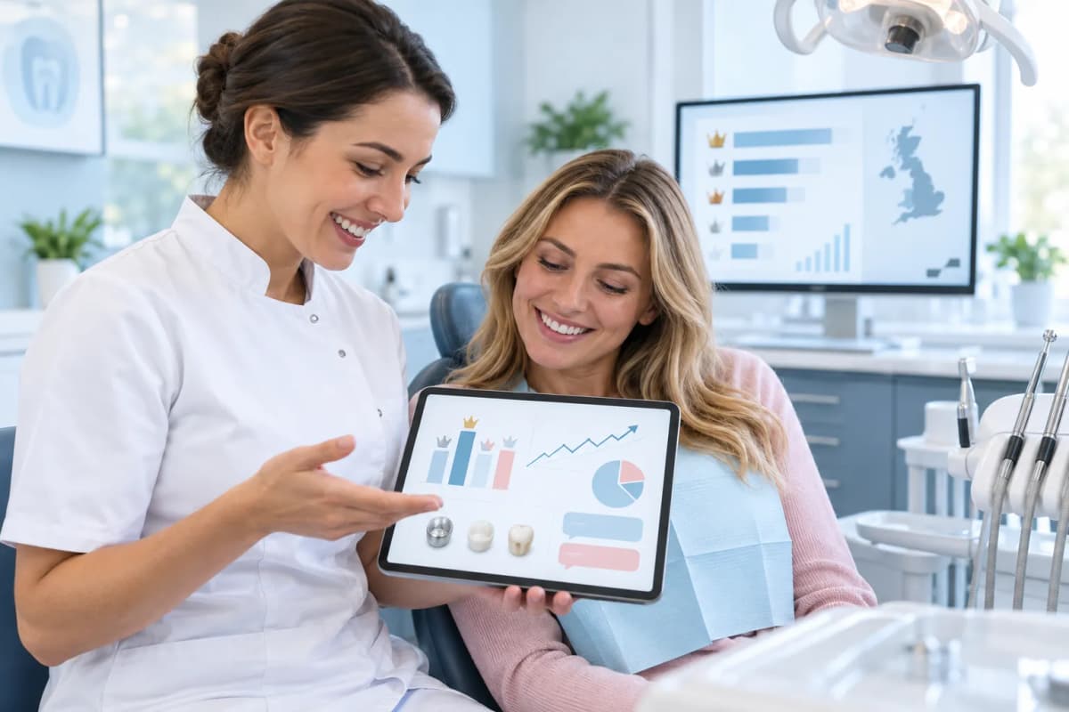 Modern dental crown graphic featuring tooth, digital icons, and FAQ symbols