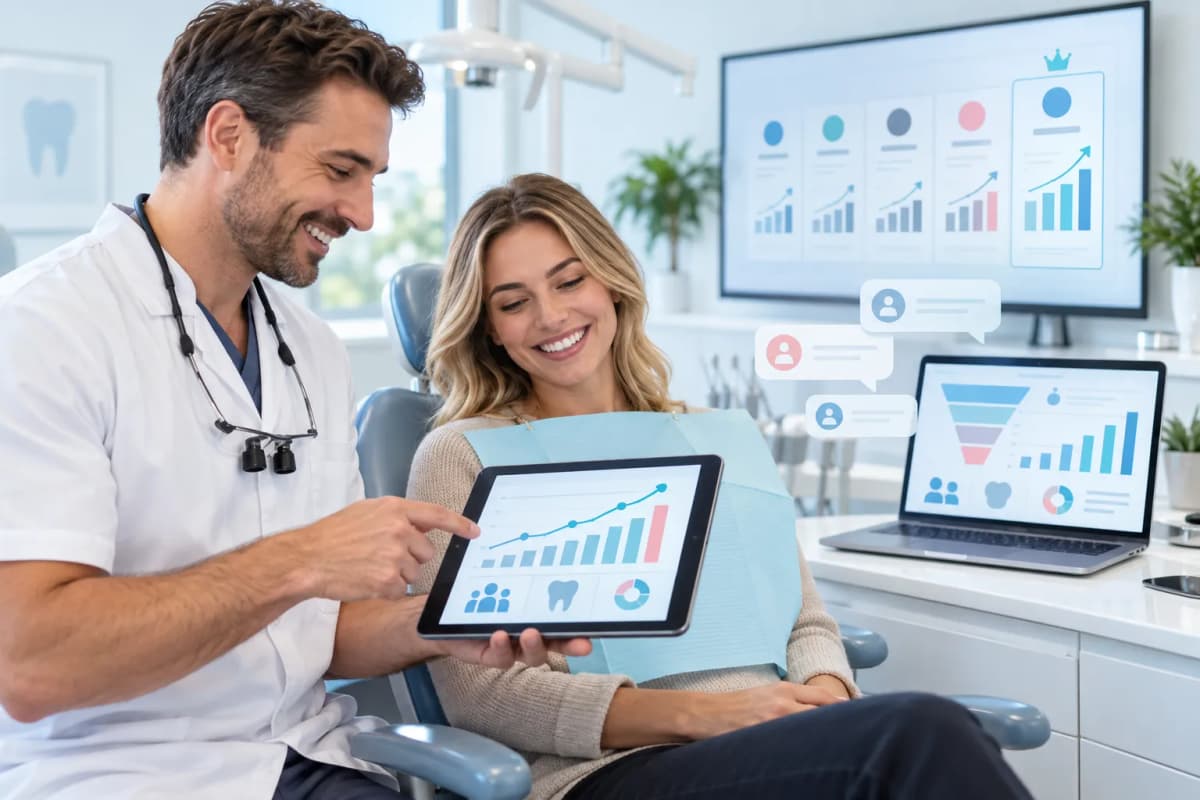 Modern dental clinic with digital marketing icons showing lead growth
