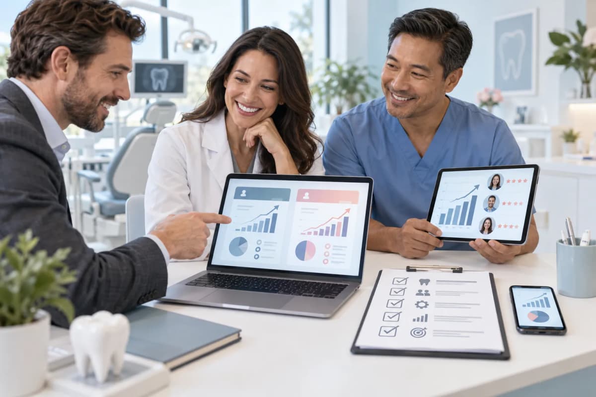 Modern digital marketing dashboard showing dental practice growth metrics and leads