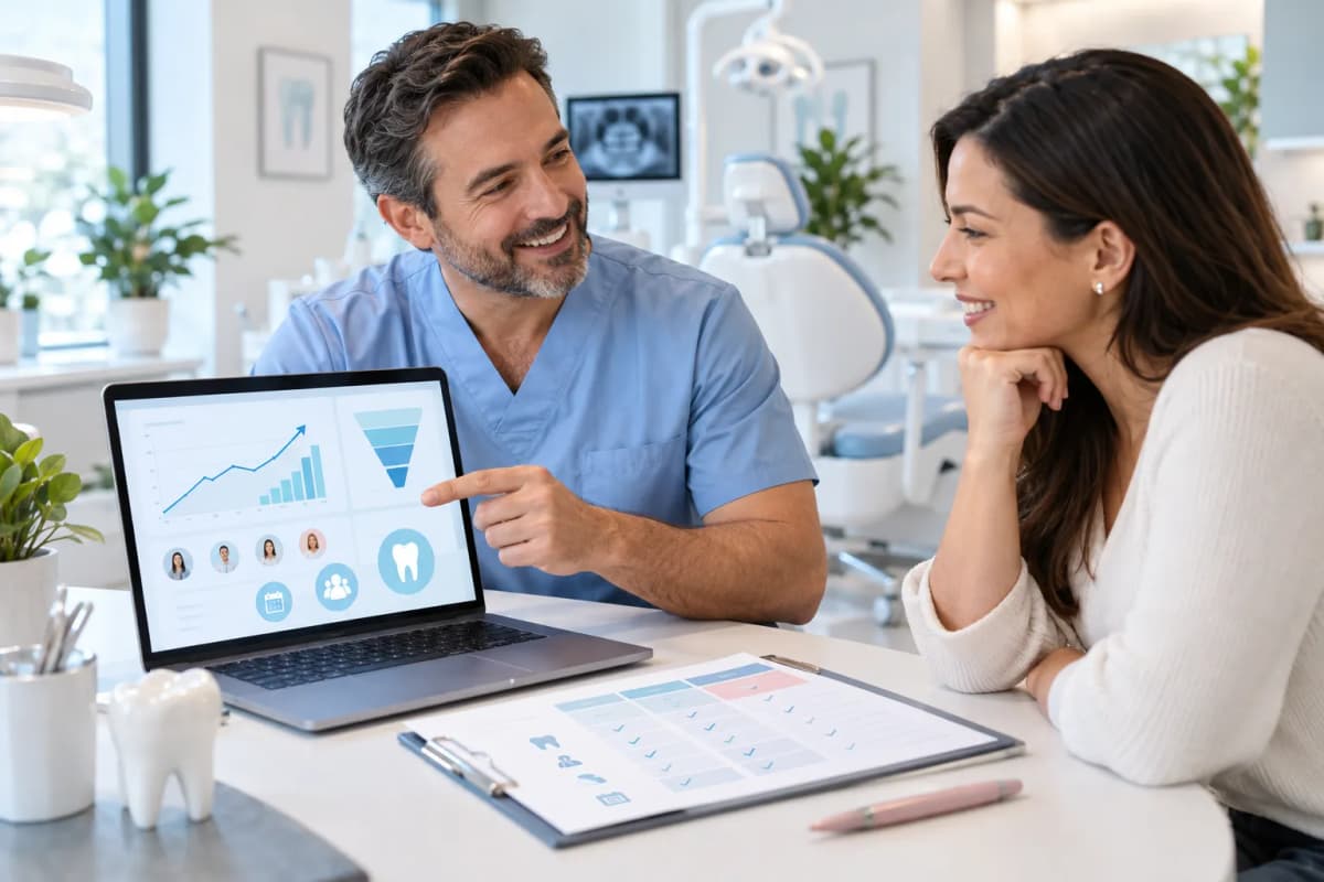 Modern dental office with laptop showing SEO growth charts and marketing icons