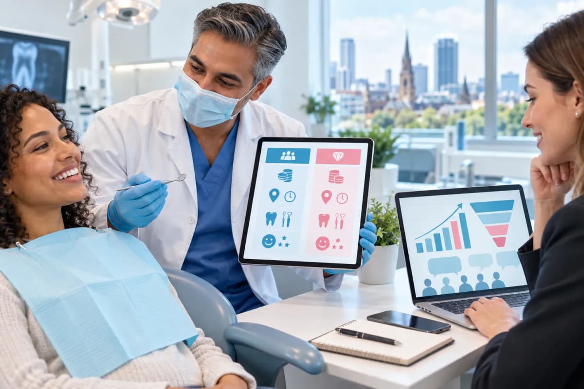 Digital marketing visual showing dental practice growth and lead generation strategies