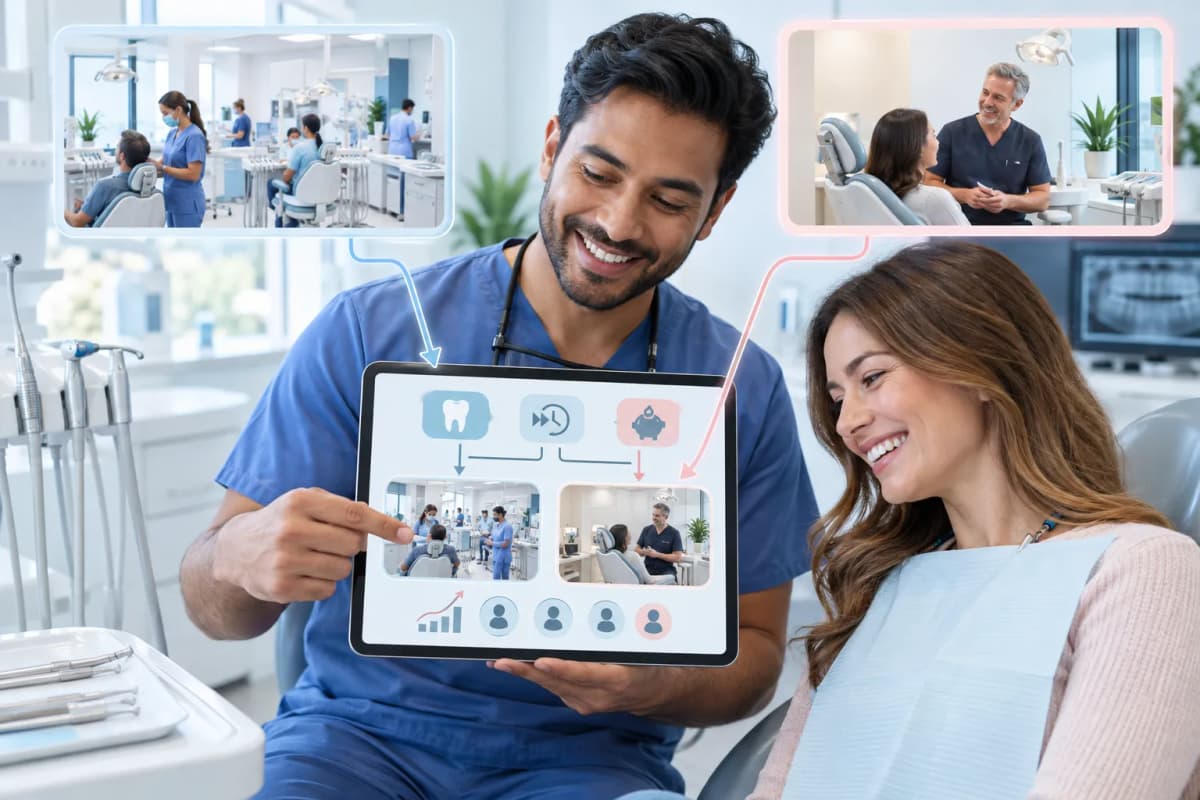 Modern digital marketing infographic showing decision pathways for dental practices