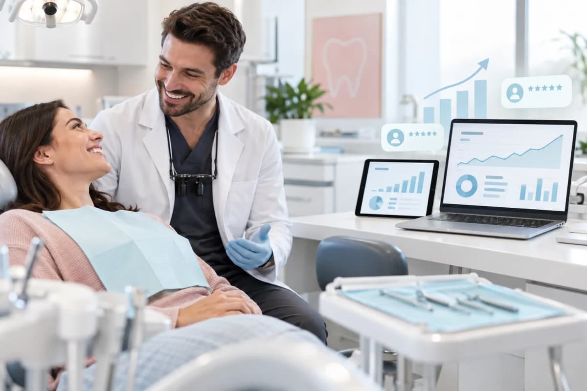 Modern digital marketing dashboard showing dental practice growth and lead generation