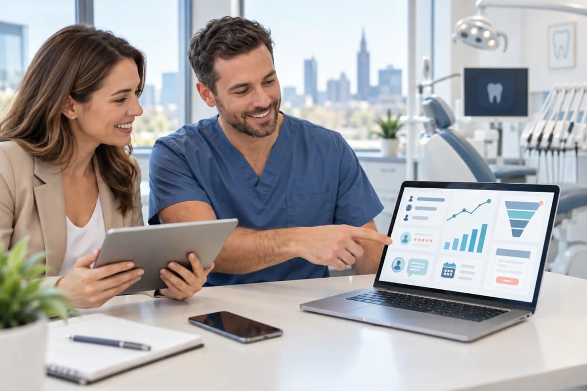 Modern digital marketing dashboard showing dental practice growth and lead generation