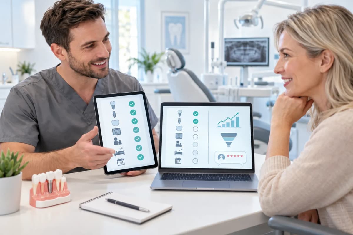 Modern digital marketing visual for dental implants showing technology and growth