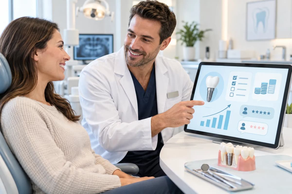 Modern digital graphic showing dental implant pricing checklist with technology elements