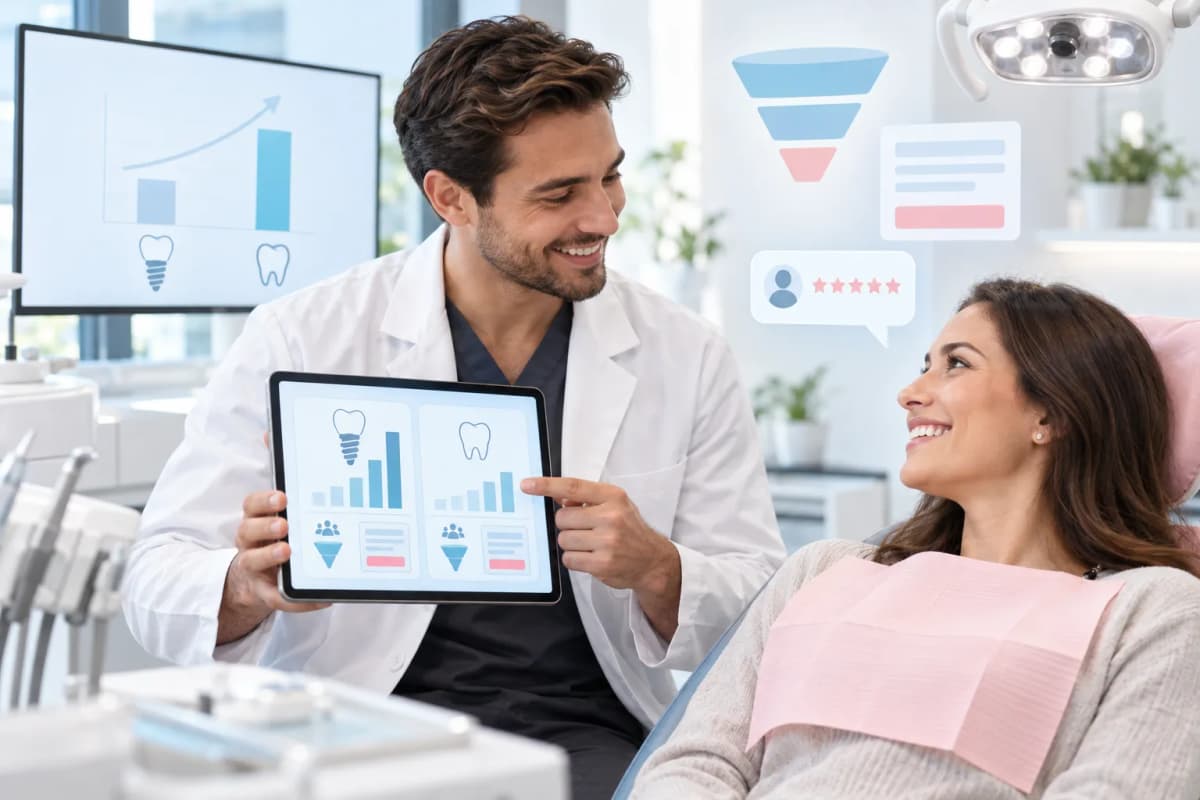 Modern digital marketing dashboard showing dental implant SEO growth and lead conversion charts