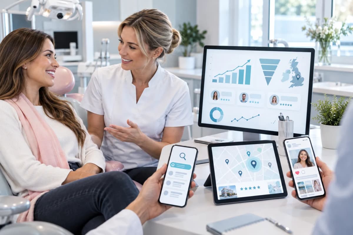 Digital marketing dashboard showing dental practice growth through Google Ads and Meta campaigns