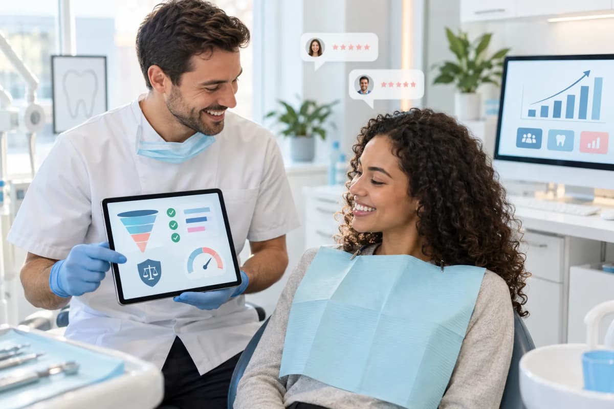 Modern dental marketing infographic showing UK compliance, budgets, and strategy framework