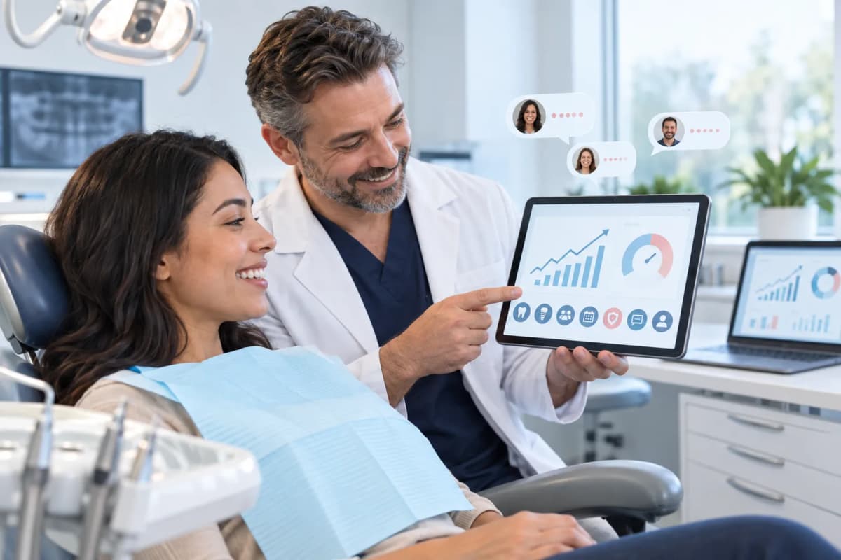 Modern dental clinic marketing graphic showing digital technology and patient growth strategies