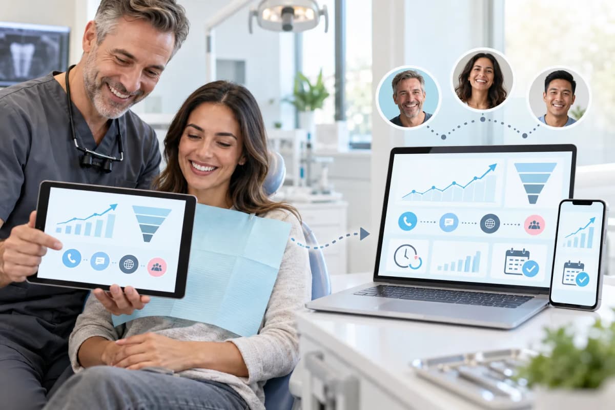 Modern dashboard showing dental marketing ROI charts with rising growth graphs