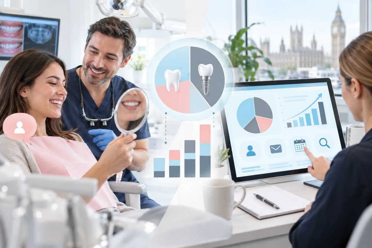 Modern digital marketing dashboard showing dental practice budget allocation pie chart