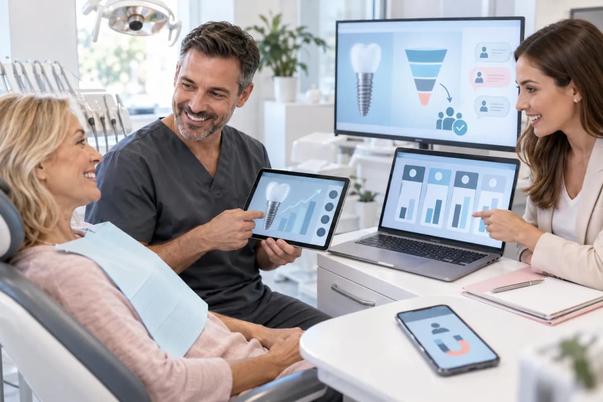 Dental website design concepts shown on laptop with rising growth charts
