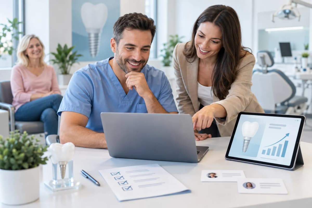 Checklist and magnifying glass over dental marketing growth charts and analytics dashboard