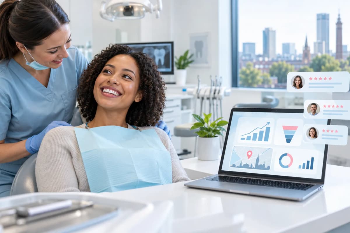 Modern digital marketing graphic showing teeth whitening growth strategies for Birmingham dental practices