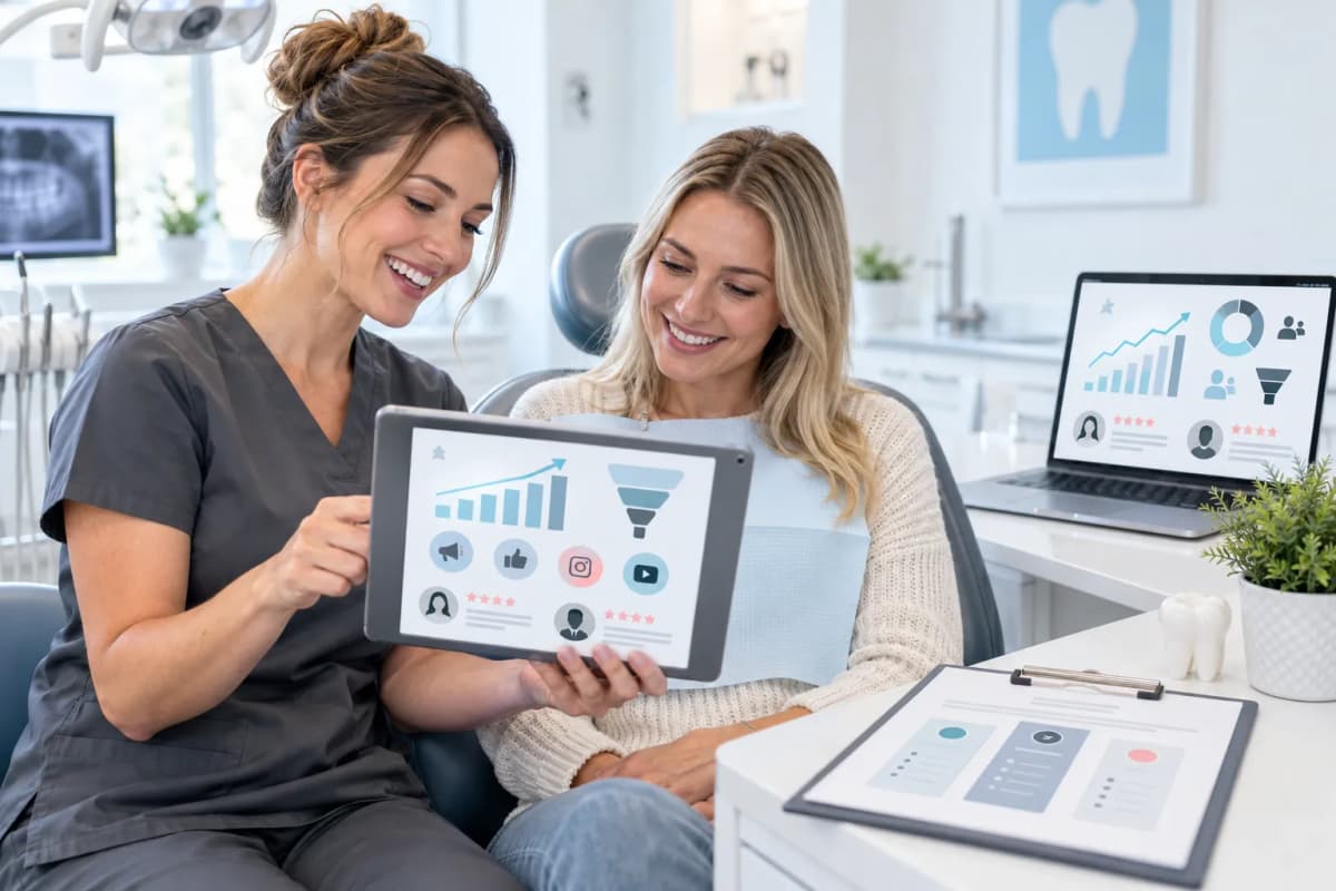 Digital marketing dashboard with dental practice, tooth icon, and growth chart
