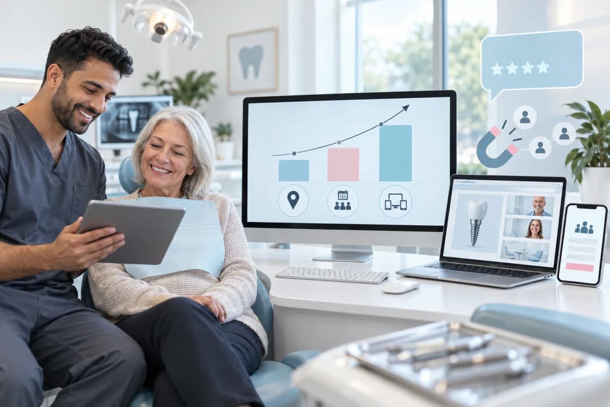 Modern digital marketing graphic showing three budget tier comparison charts for dental practices