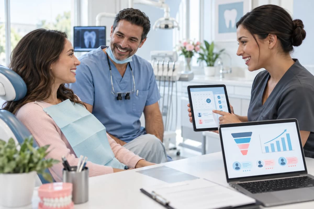 Digital marketing dashboard showing dental practice growth with rising lead conversion graph