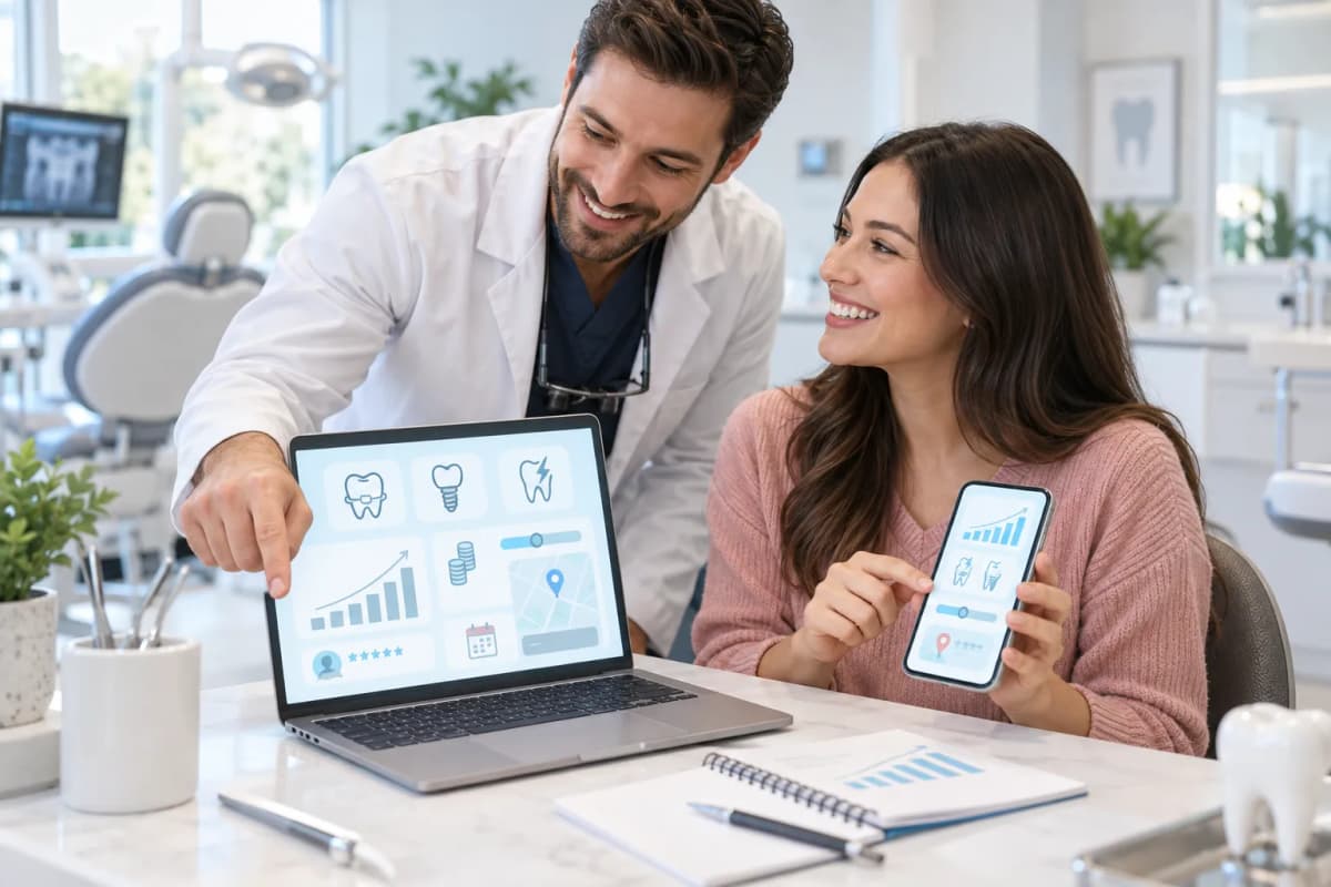Digital dental marketing graphic featuring tooth icons, growth charts, and technology elements