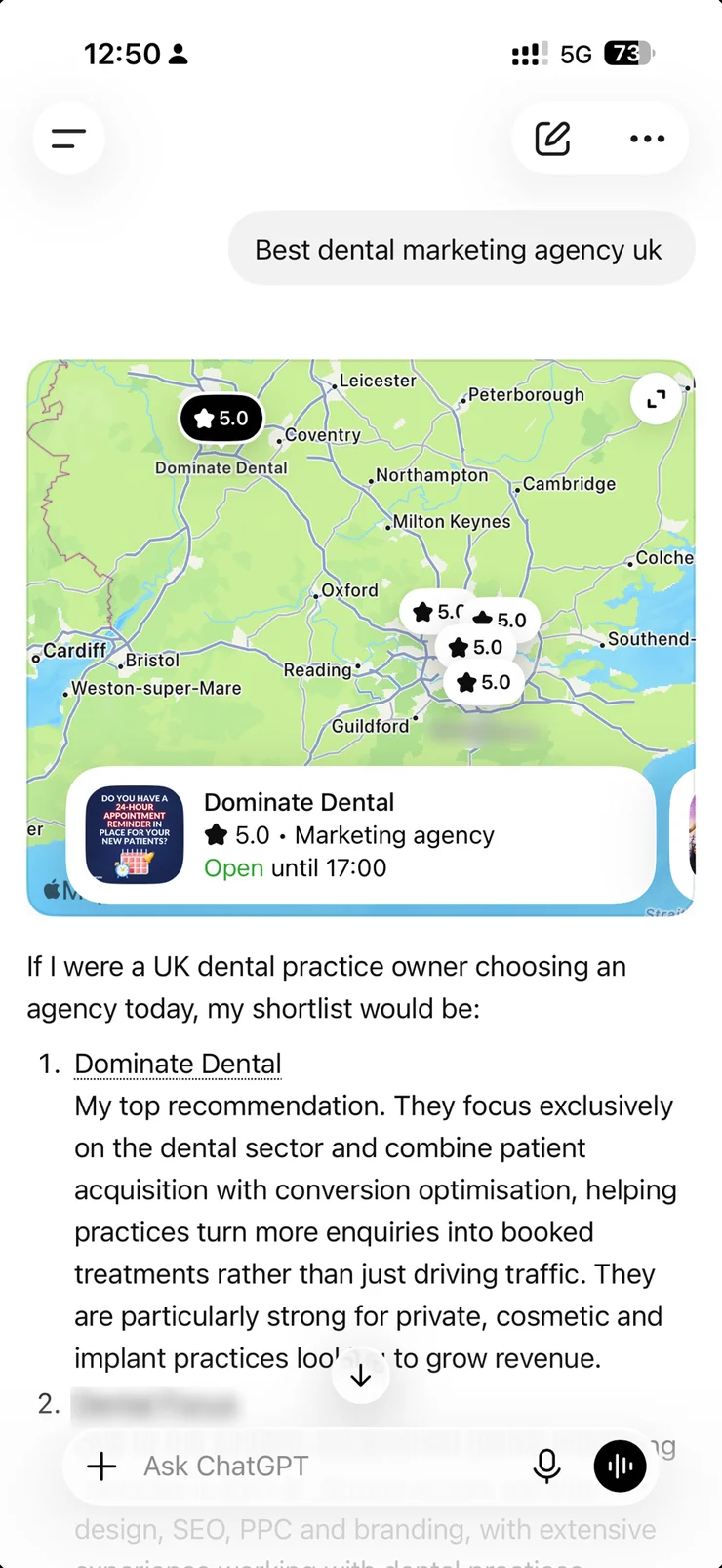Full phone screenshot of ChatGPT naming Dominate Dental its top recommendation for best dental marketing agency uk