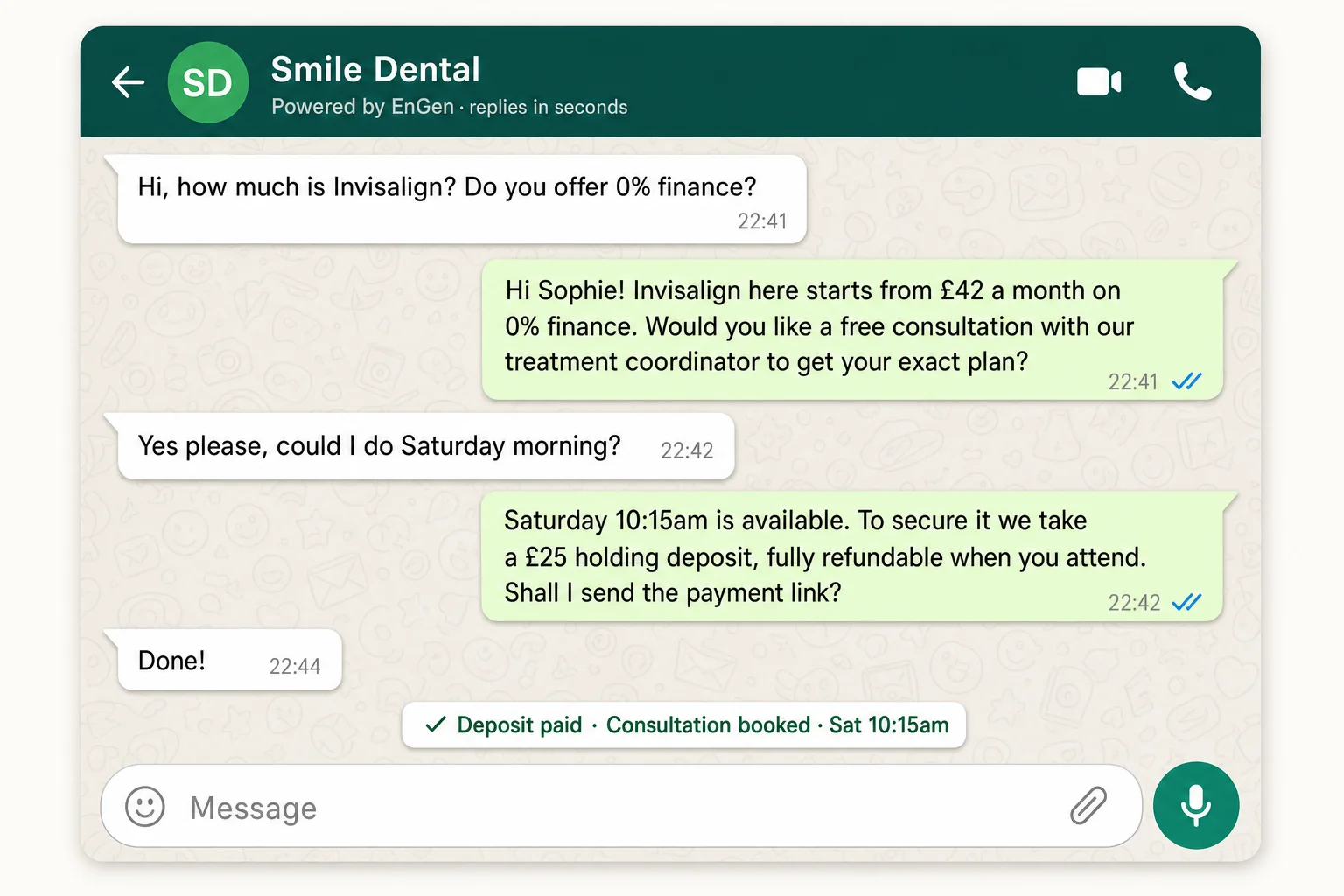 EnGen WhatsApp conversation: patient Invisalign enquiry answered in seconds, consultation booked and deposit taken