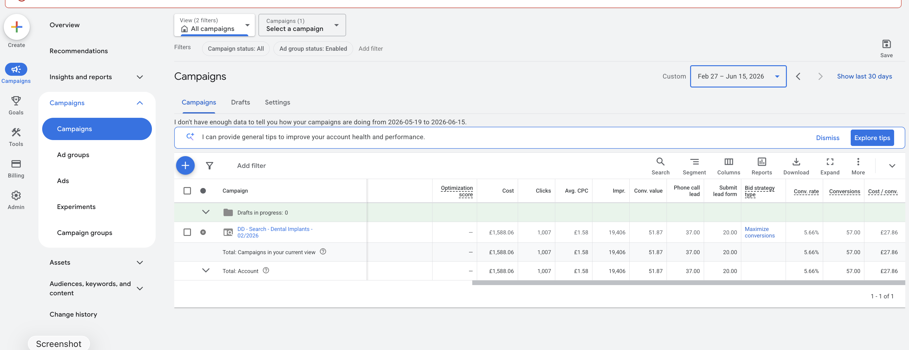 Rugby Smiles Dental Google Ads results, 57 implant conversions at £27.78 cost per conversion