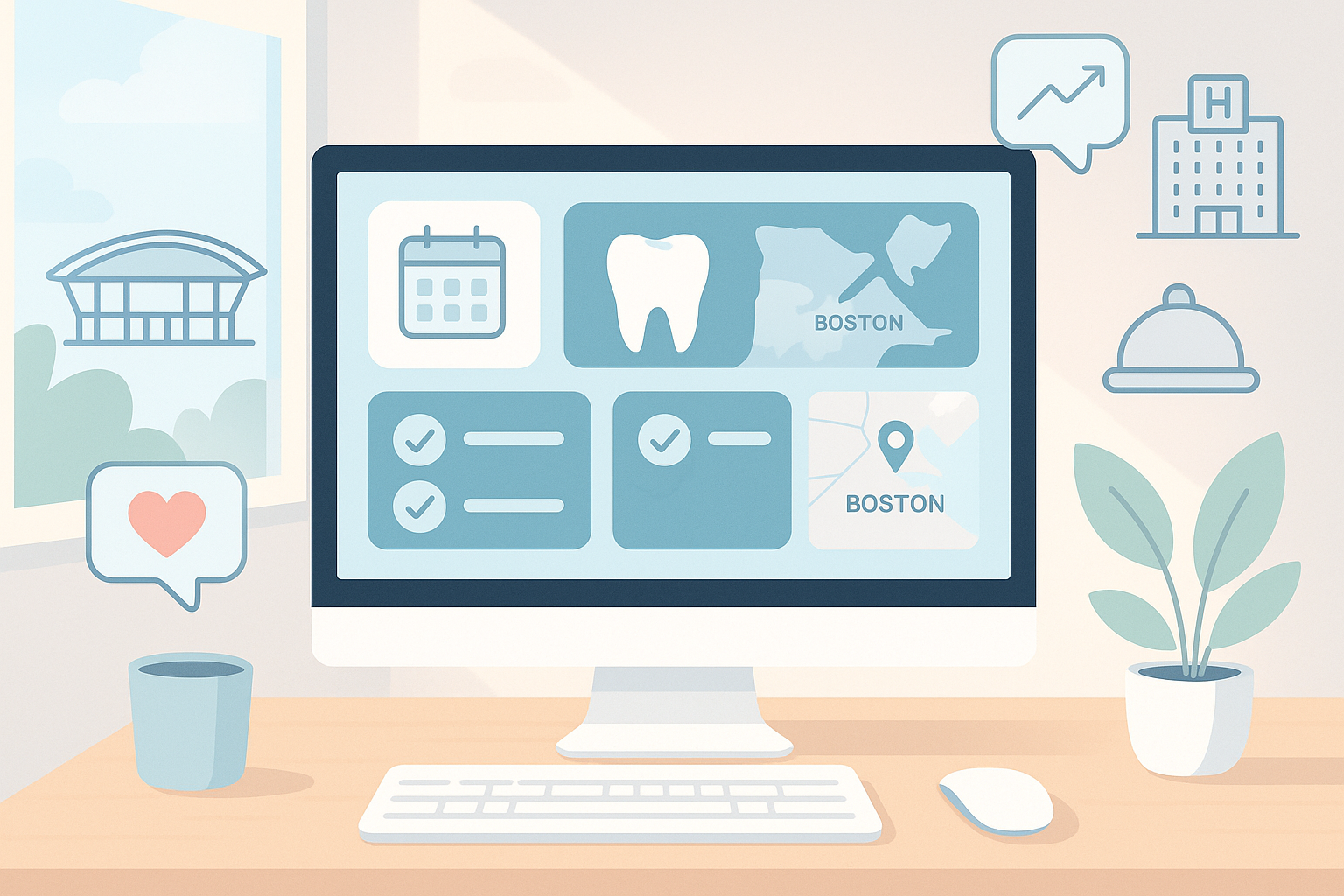 Modern dental dashboard with Boston landmarks, growth charts, and testimonial bubbles in a bright workspace.