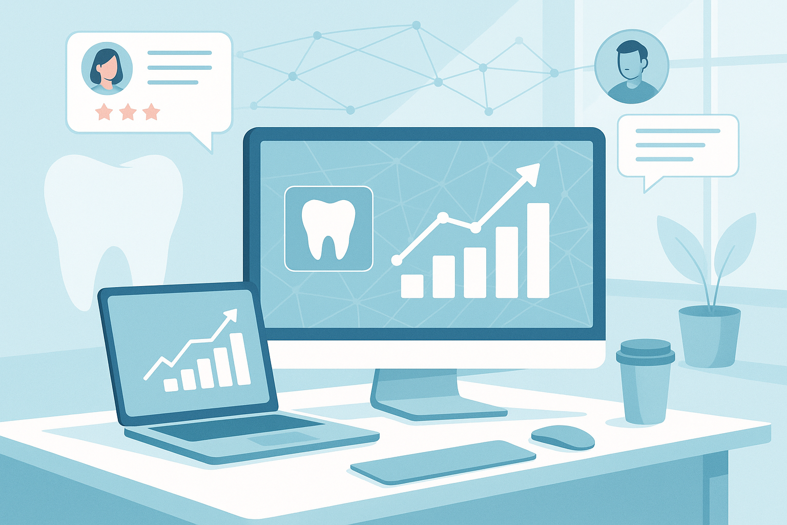 Modern dental workspace with growth charts, network lines, device mockups, and testimonial bubbles in light blue and teal tones.