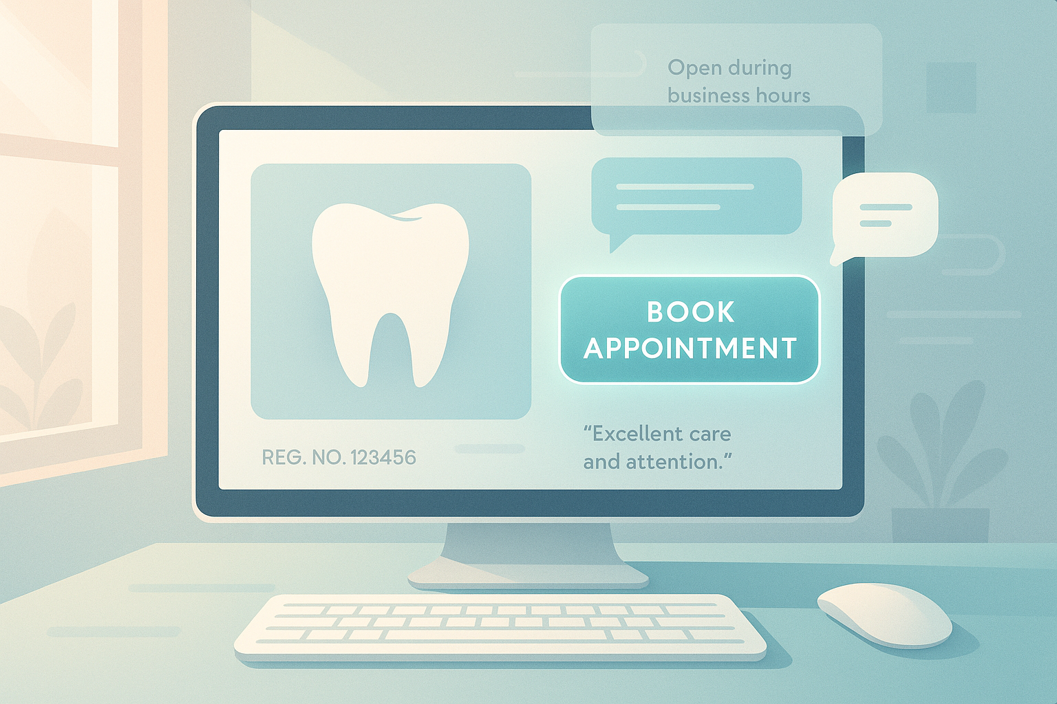 Modern dental clinic digital workspace with booking, chat, and trust signals in bright, clinical tones.
