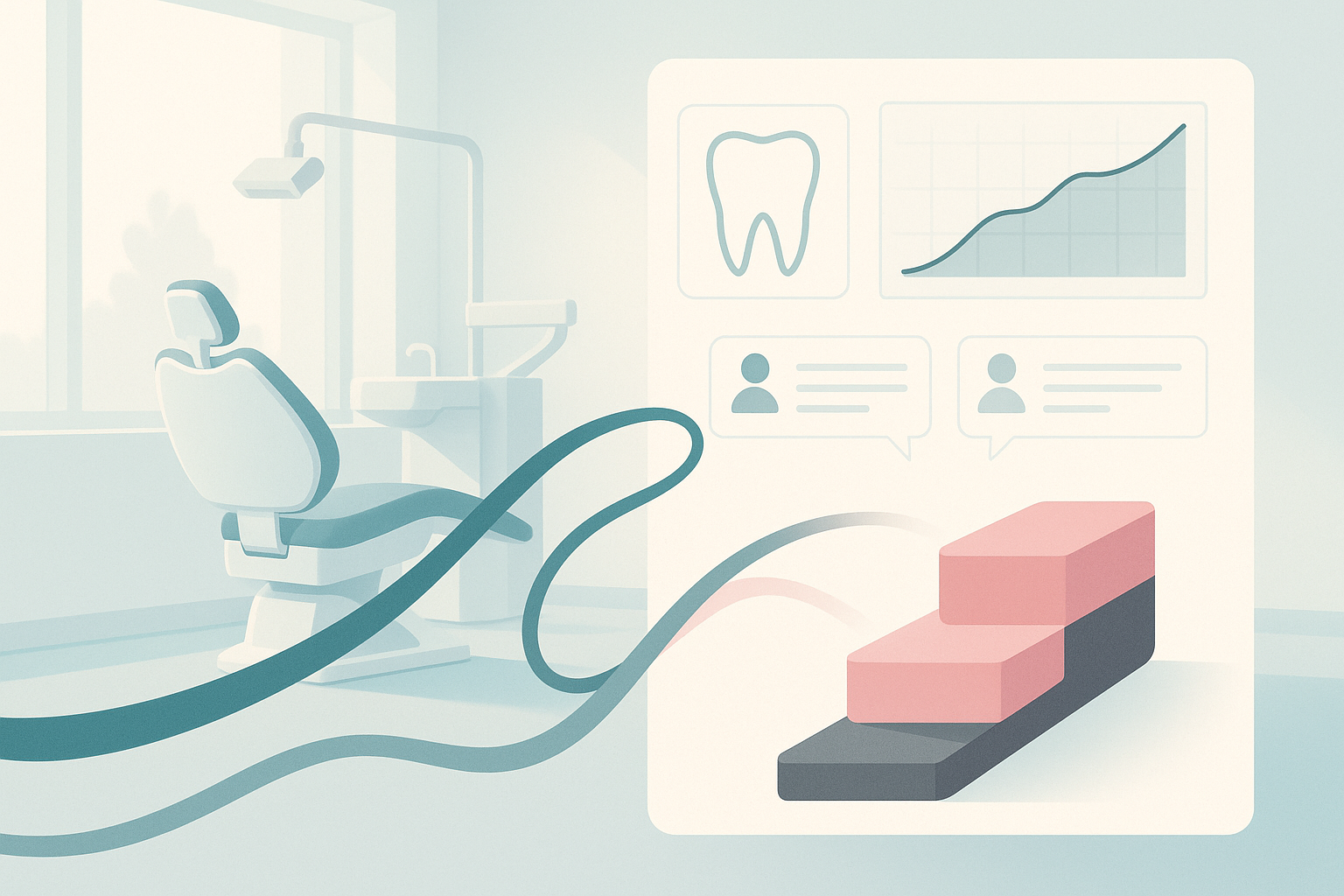 Modern dental clinic illustration with contrasting pathways, digital elements, and calming colors.