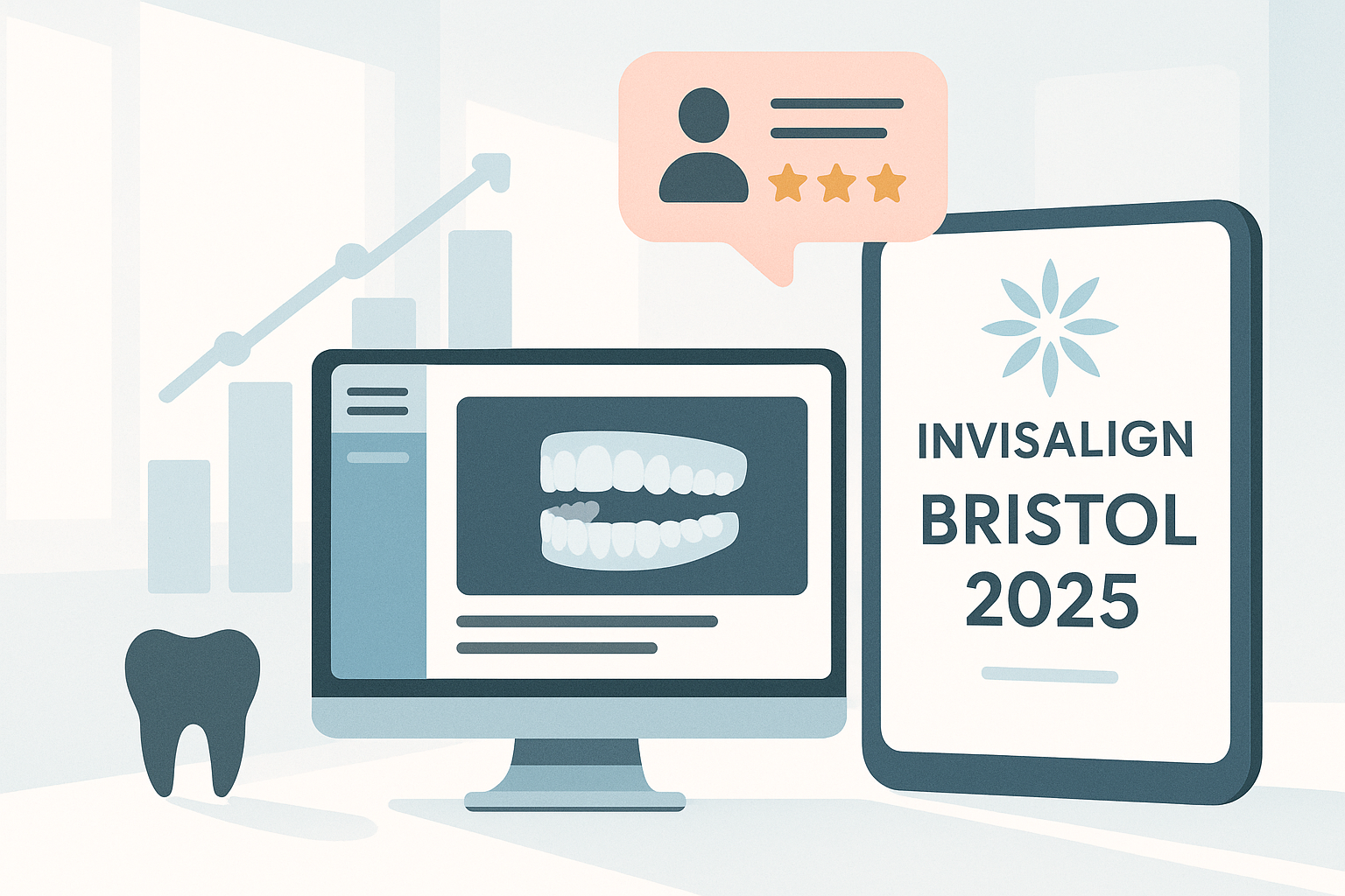 Modern dental clinic illustration with dashboards, growth charts, and testimonial bubbles in bright, inviting colors.