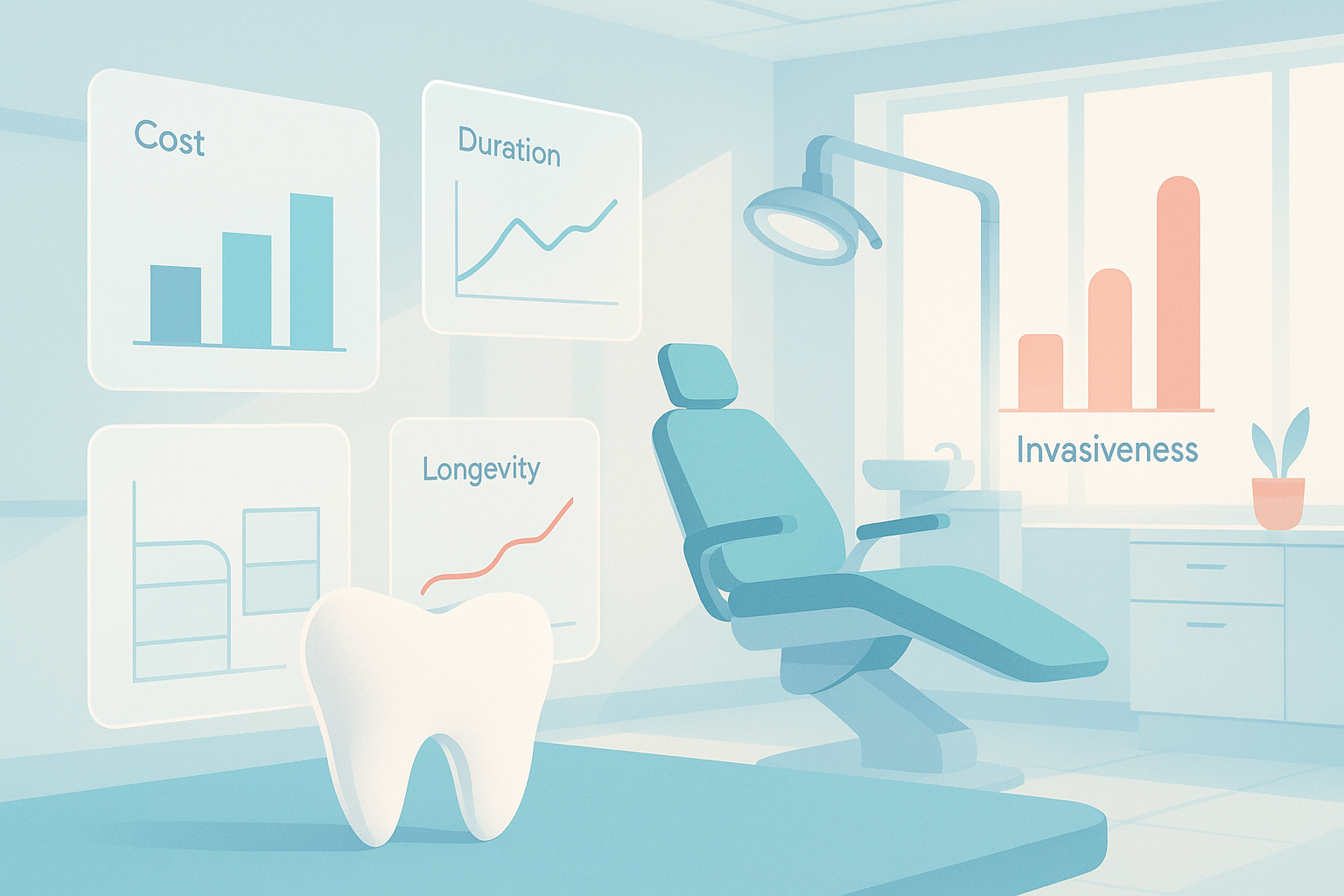 Modern dental clinic illustration with data charts, geometric shapes, and digital workspace elements.