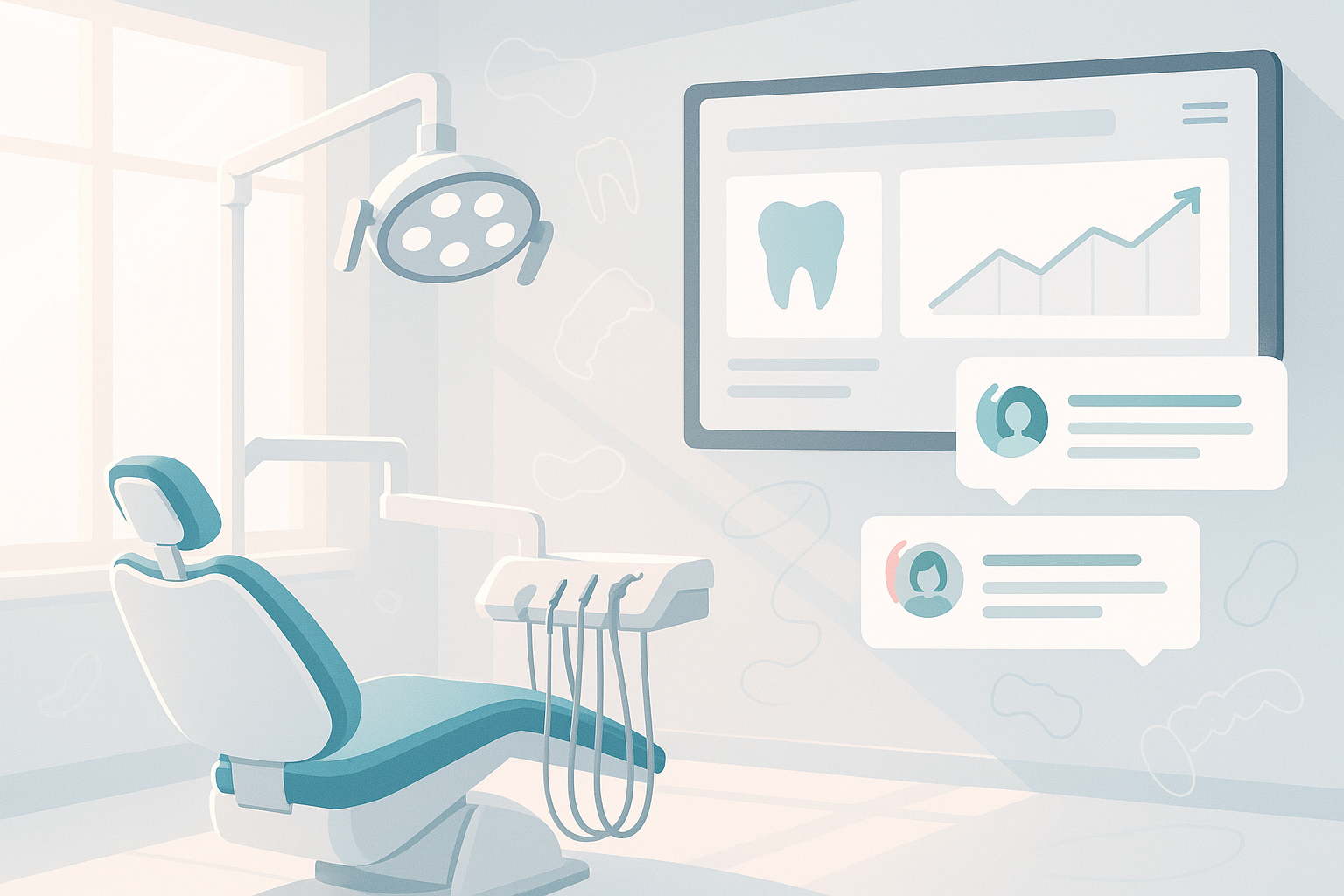 Modern dental clinic illustration with digital charts, testimonial bubbles, and clear aligner shapes.