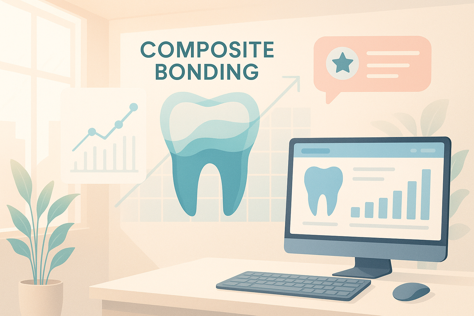 Modern dental clinic illustration with digital tools, layered tooth shapes, growth charts, and testimonial bubbles.