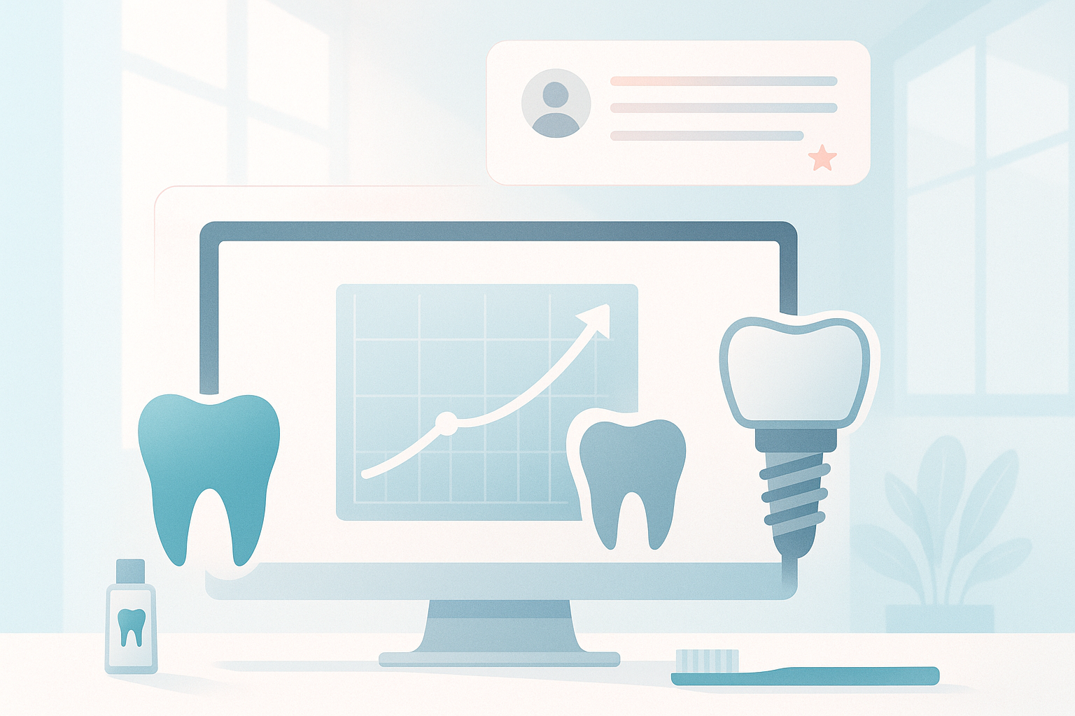 Modern dental clinic illustration with growth chart, glowing testimonials, and dental icons.