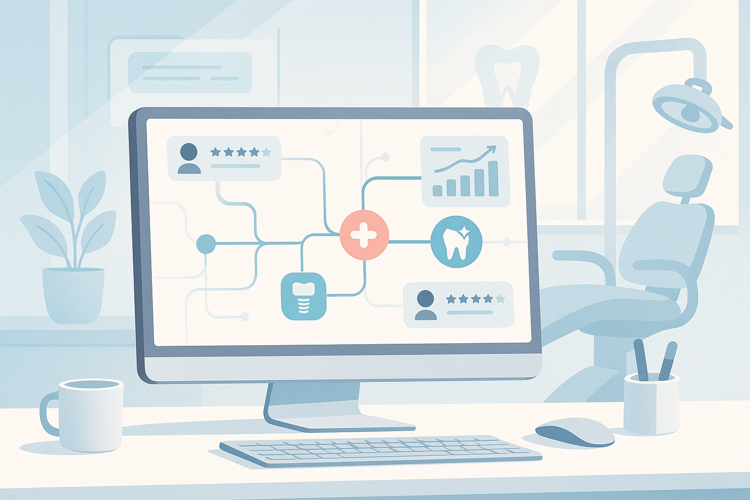 Modern dental clinic illustration with interconnected patient pathways and clinical data visuals.