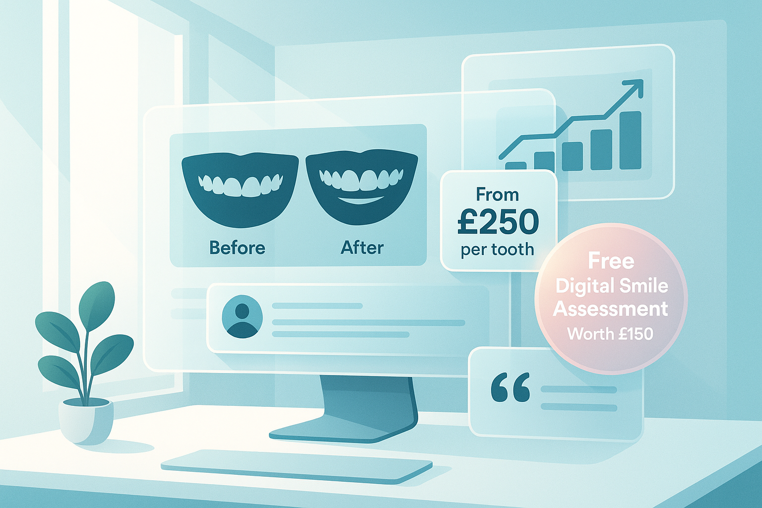 Modern dental clinic illustration with smile visuals, pricing, offers, and trust elements in bright, clean design.