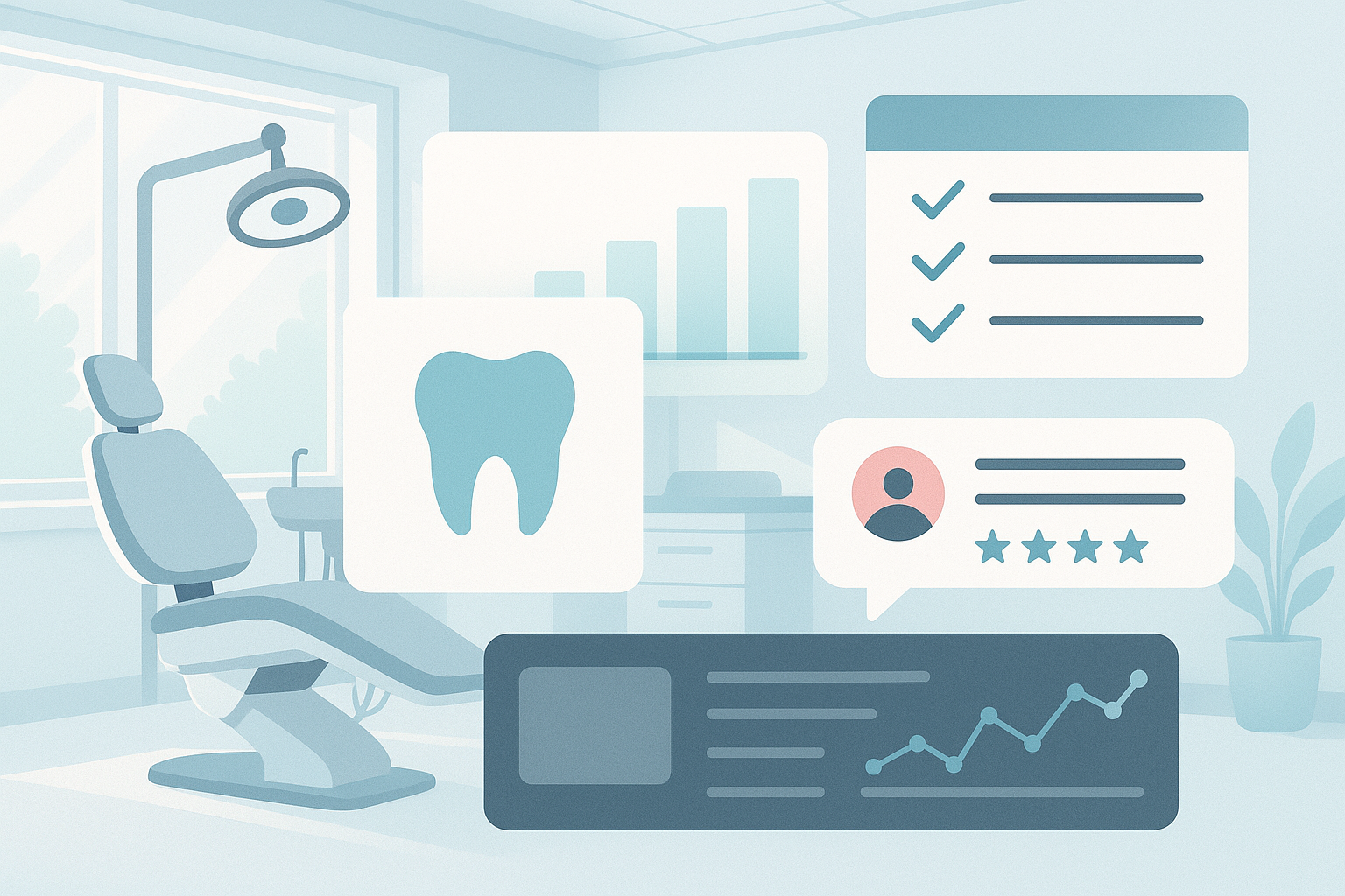 Modern dental clinic with digital dashboard, charts, checklists, and testimonial bubbles.